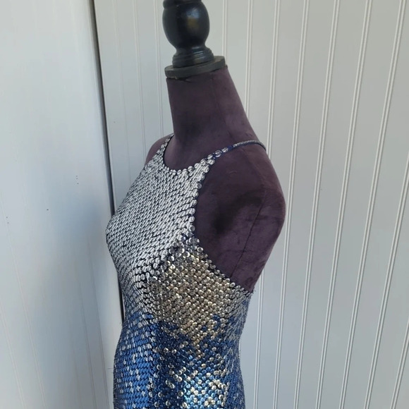 Cache Womens Sequin Blue Silver Maxi Formal Dress Prom Queen Slit Open Back Sz 4 - Picture 11 of 16